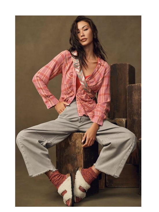 Pilcro Tops - Anthropologie Pilcro Ruched Deep V-Neck Pink Buttondown Plaid Blouse Women’s M